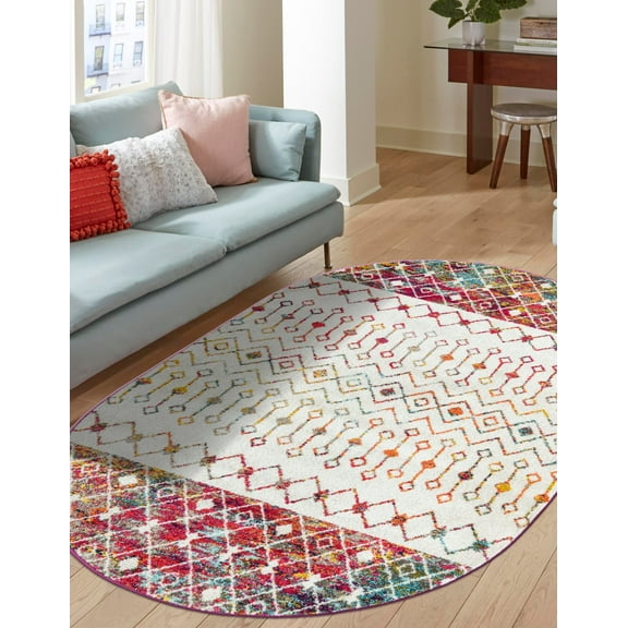 Unique Loom Tribal Trellis Collection Area Rug - Alami (4' 1" x 6' 1" Oval Ivory Multi/Ivory)