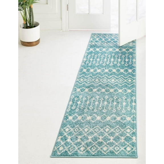 Unique Loom Tribal Trellis Collection Area Rug - Alaoui (2' 7" x 12' Runner Aqua Blue/Ivory)