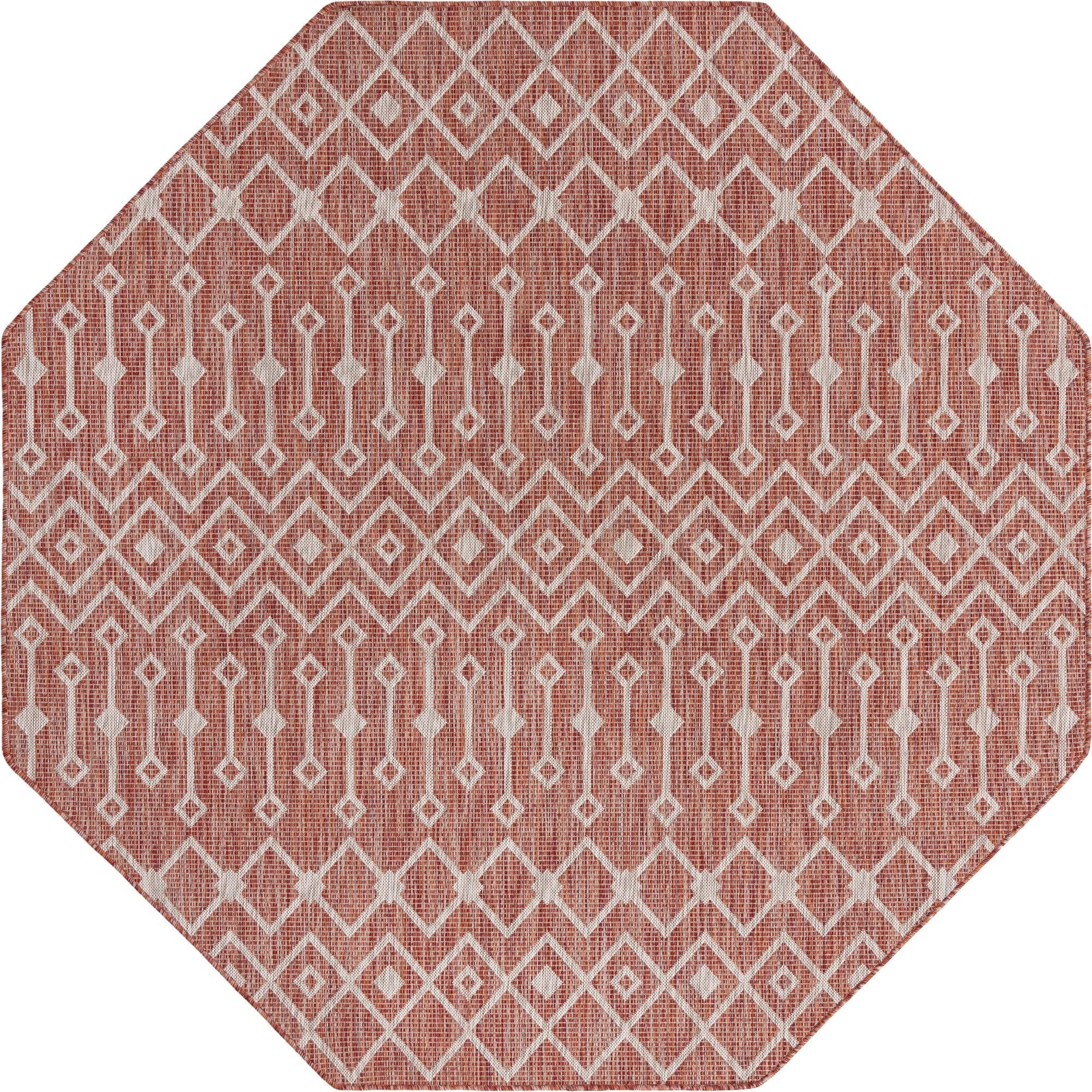 Rustic Trellis Octagon Outdoor Rug in Rust Red, Easy Care 7' 10"
