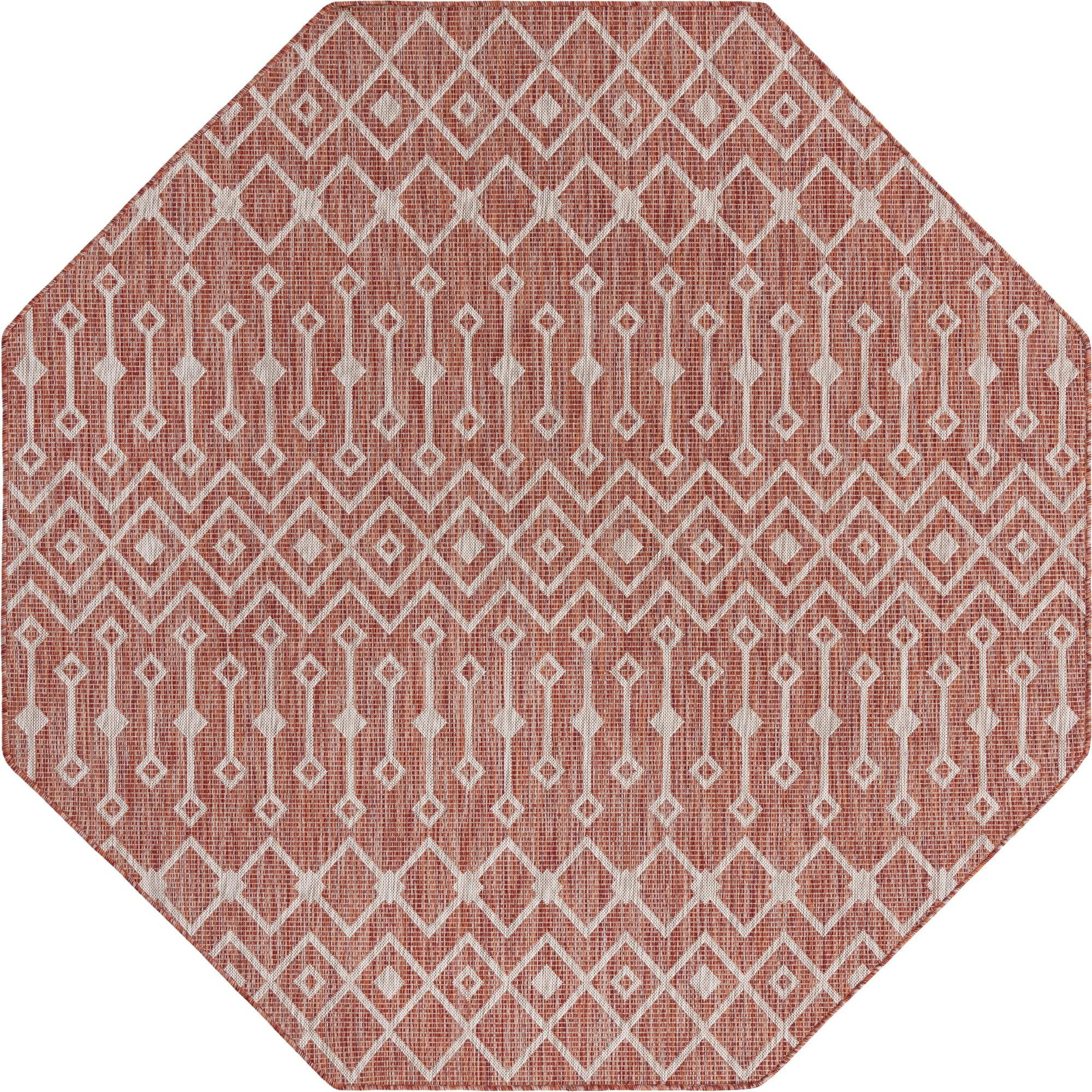 Rustic Trellis Octagon Outdoor Rug in Rust Red, Easy Care 7' 10"