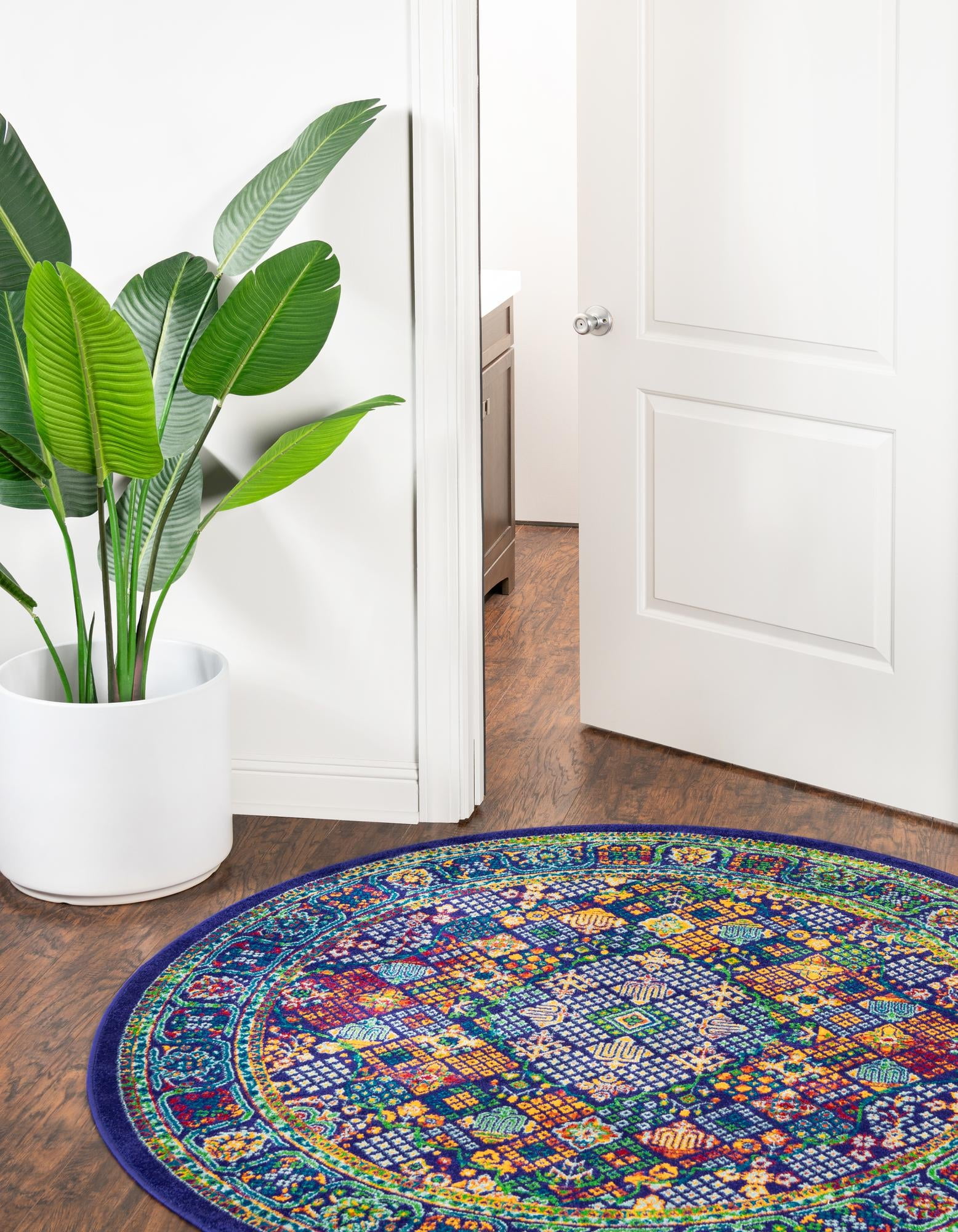 Unique Loom Trinidad Calypso Rug Navy Blue/Green 4' Round Border Traditional Perfect For Dining