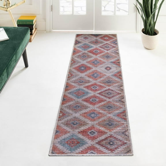 Unique Loom Sisu Collection Area Rug - Tripura (2' x 6' Runner Rust red and Beige/Navy Blue)