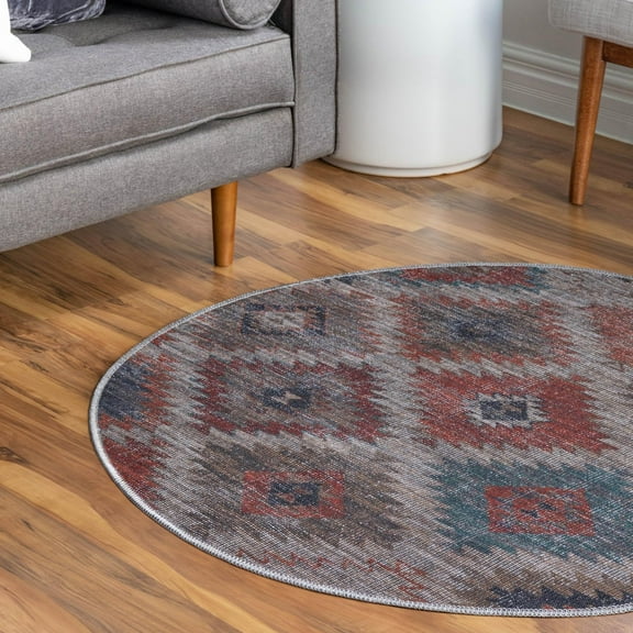 Unique Loom Sisu Collection Area Rug - Tripura (3' 3" Round Rust red and Beige/Navy Blue)