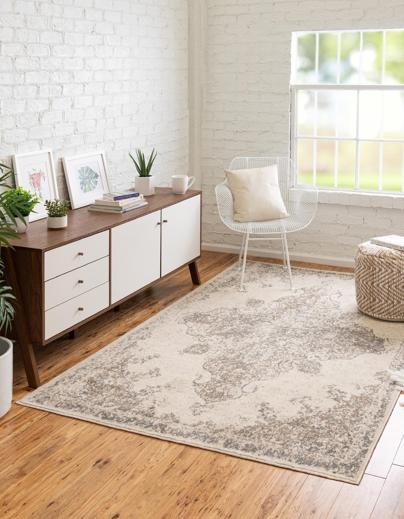 Cream and Beige Medallion Synthetic 9' x 12' Area Rug