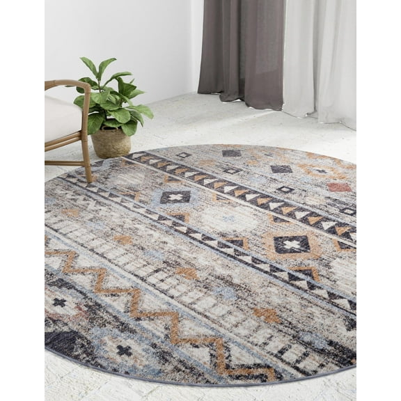 Unique Loom Eco Southwestern Collection Area Rug - Tubac (7' Round Khaki Gray/Black)