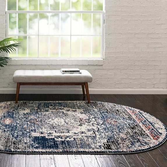 Unique Loom Tucson Collection Area Rug - Tubac (8' x 10' Oval Blue/Black)