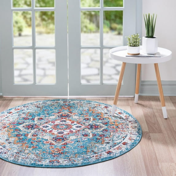 Unique Loom Charm Collection Area Rug - Unicorn (7' Round Turquoise/Black)