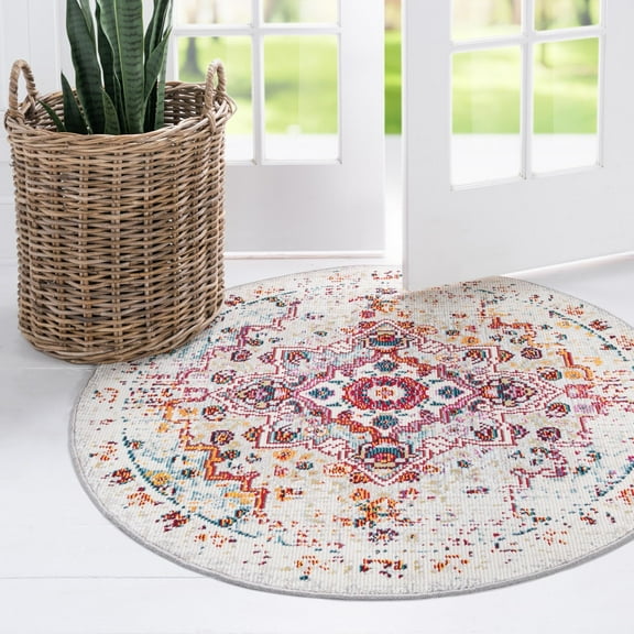 Unique Loom Charm Collection Area Rug - Unicorn (4' 1" Round Beige/Blue)