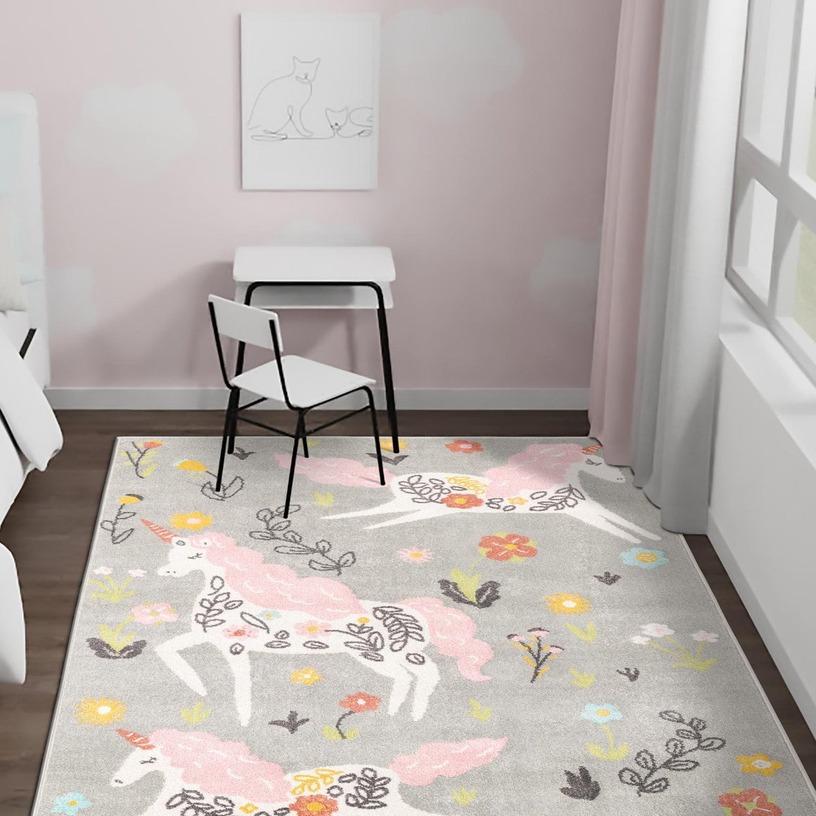 Unique Loom Unicorns Whimsy Kids Rug Gray/Black 2' 2" x 2' 11 ...