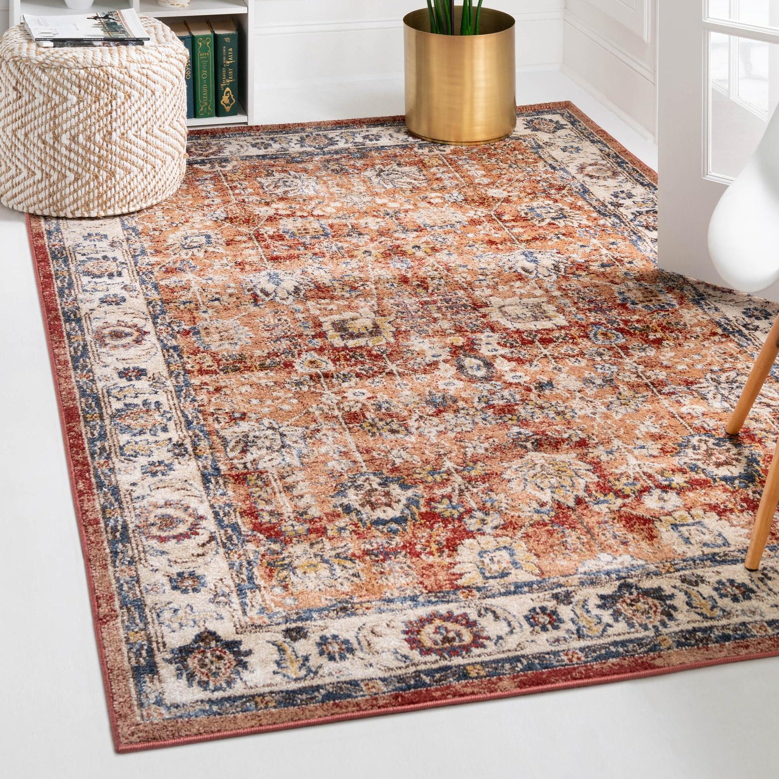 Terracotta and Blue Rectangular Synthetic Area Rug, 5' x 8'