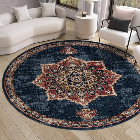 Unique Loom Utopia Collection Area Rug - Helios (4' 1" Round Dark Blue/Beige)