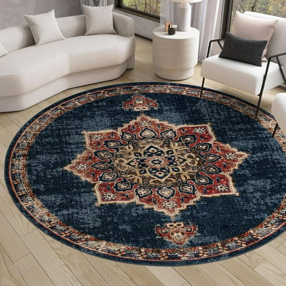 Unique Loom Utopia Collection Area Rug - Helios (5' Round Dark Blue/Beige)