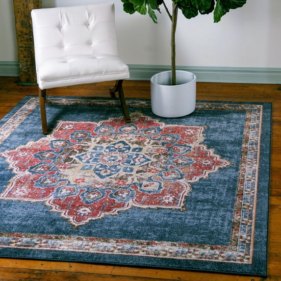 Unique Loom Utopia Collection Area Rug - Helios (7' Square Dark Blue/Beige)