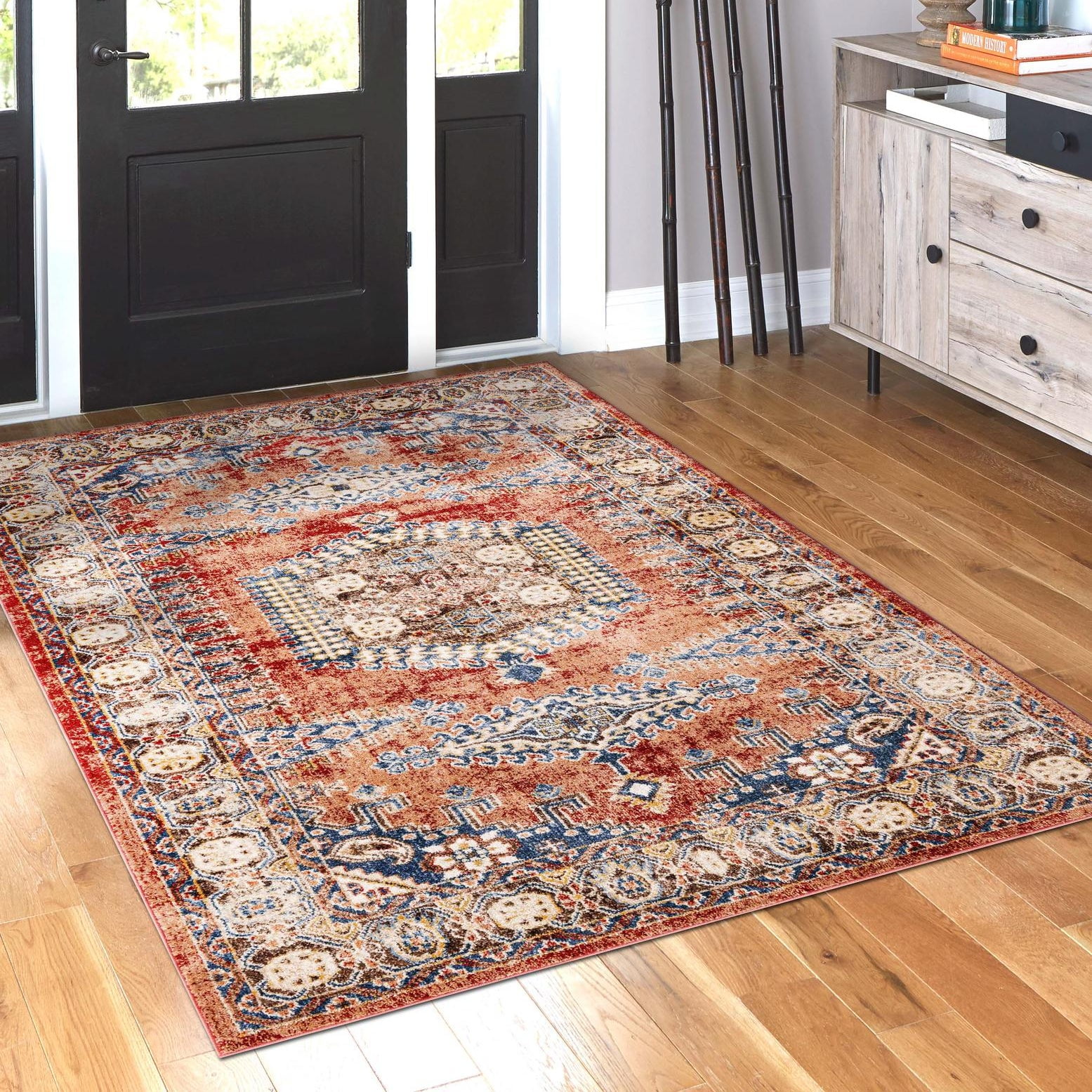 Peach and Red Abstract Stain-Resistant Synthetic Rug