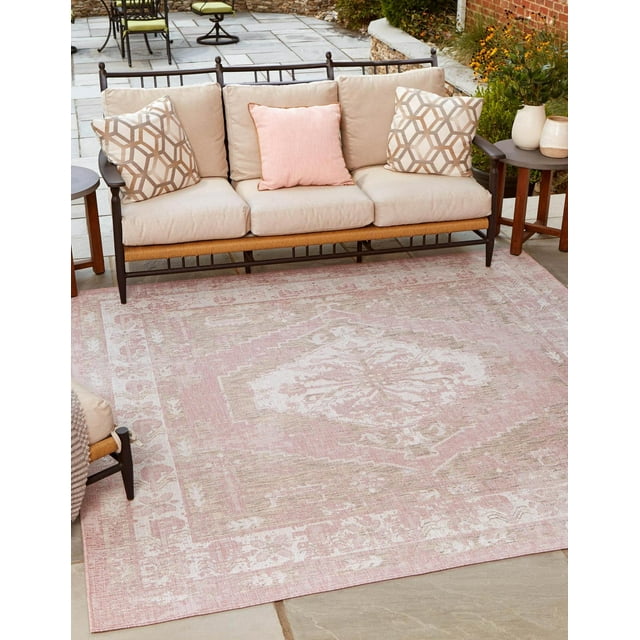 Unique Loom Valeria Indoor/Outdoor Traditional Rug Pink/Ivory 10' Square Medallion Traditional