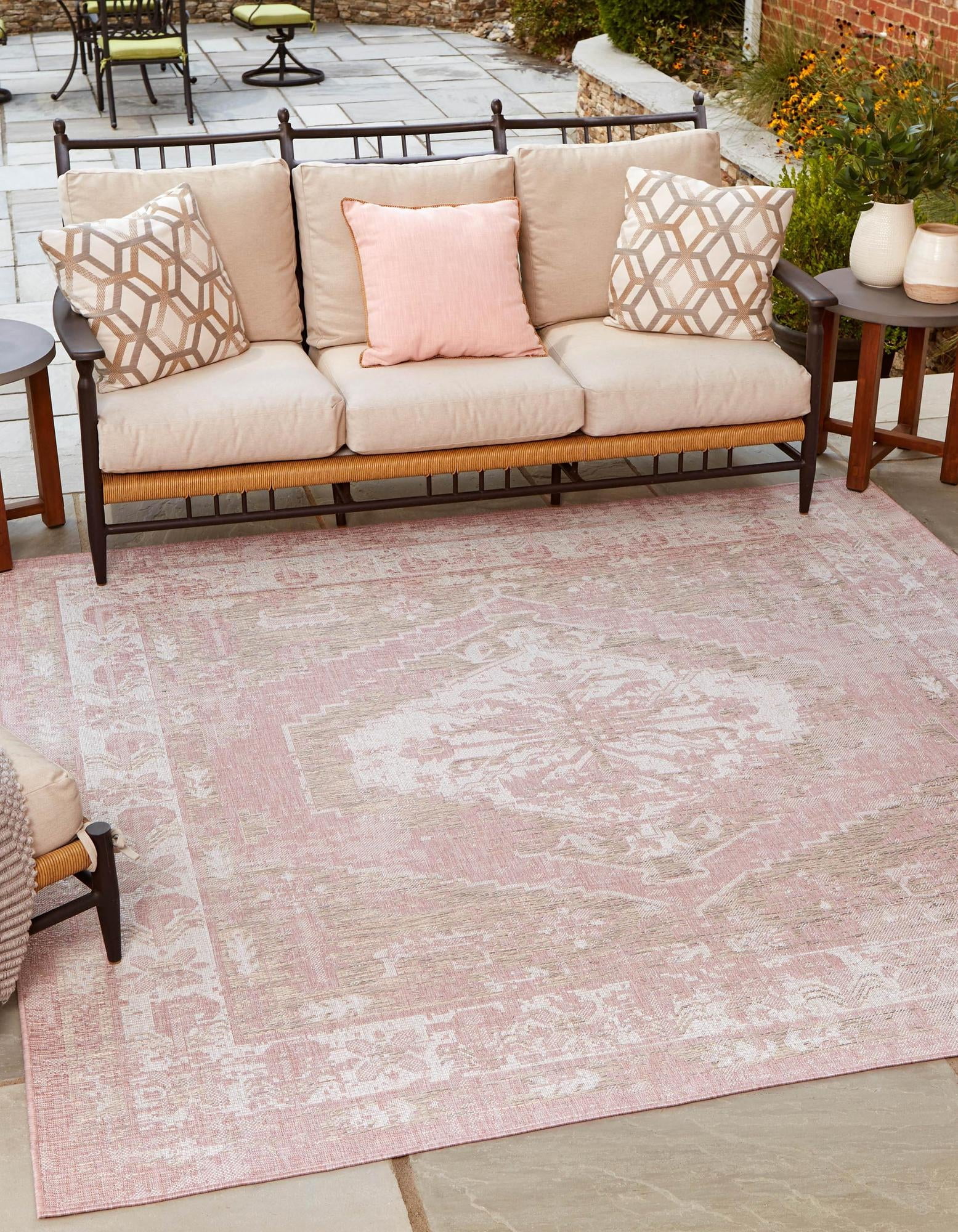 Pink Square Synthetic Outdoor Stain-Resistant Rug