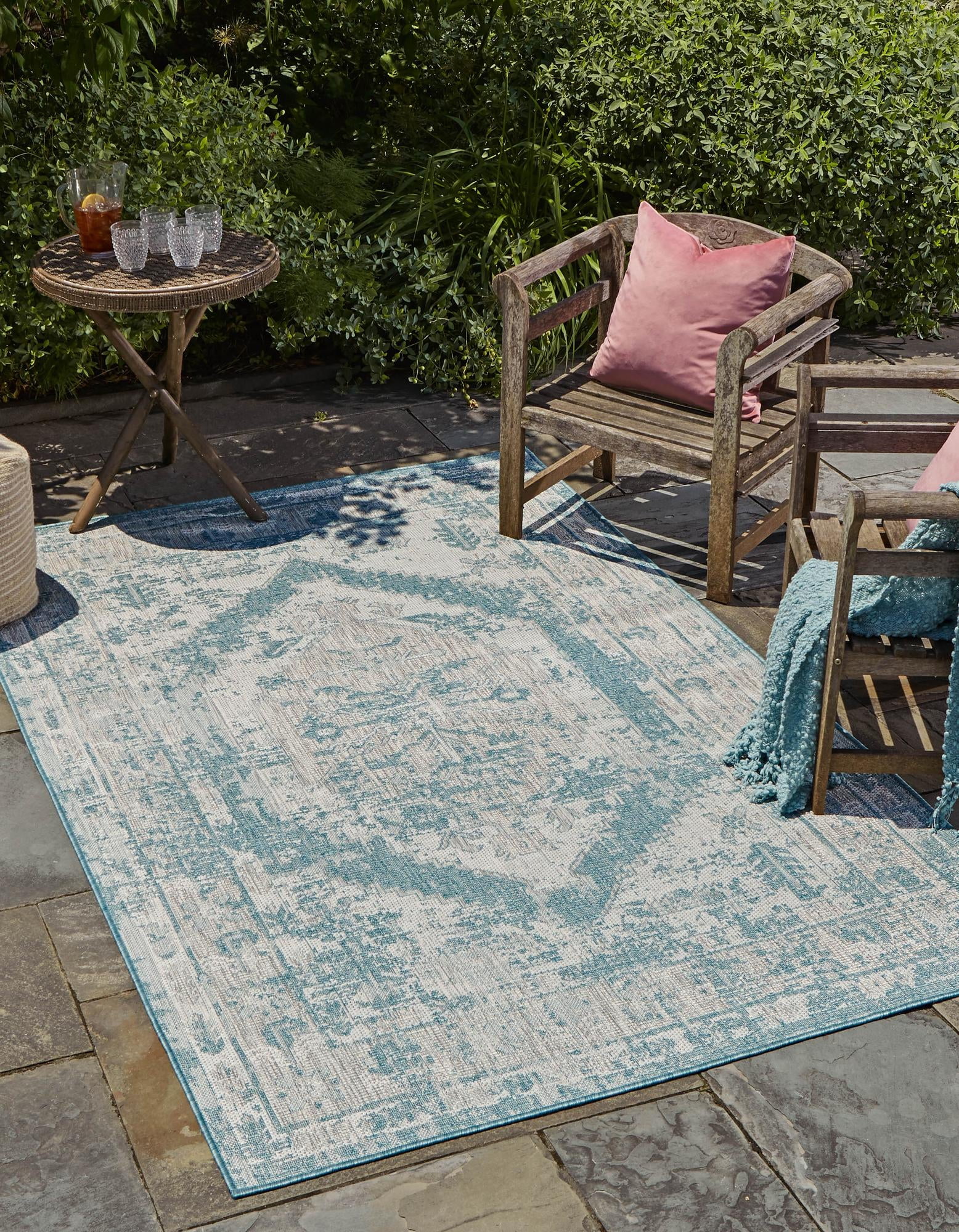 Aqua Blue Flat Woven Rectangular Outdoor Rug