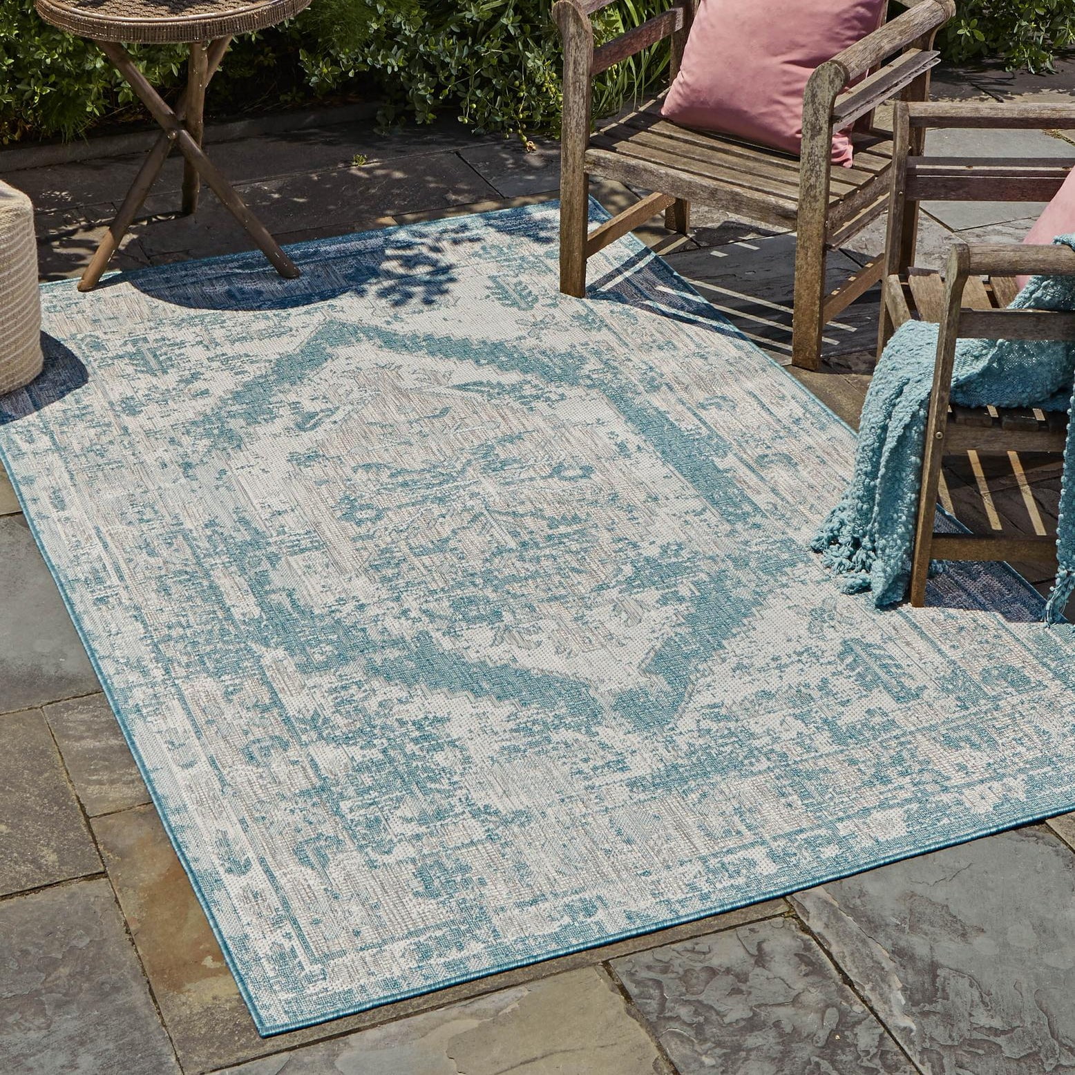Aqua Blue Flat Woven Rectangular Outdoor Rug