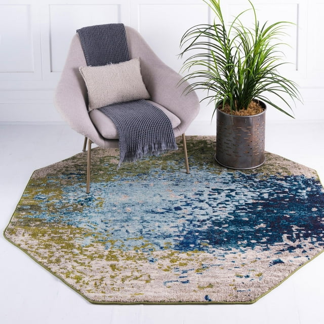 Unique Loom Vella Estrella Rug Blue/Gray 5' 1" Octagon Abstract Modern Perfect For Living Room ...