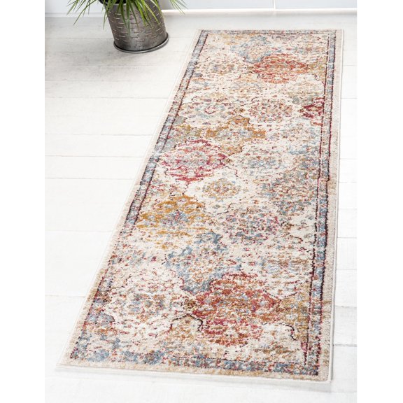Unique Loom Verona Augustus Rug Beige/Red 2' 2" x 6' 9" Runner Border Bohemian Perfect For Bathroom Hallway Mud Room Laundry Room