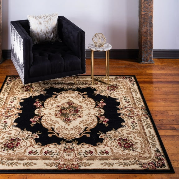 Unique Loom Versailles Collection Area Rug - Charles (6' 1" Square Black/Cream)