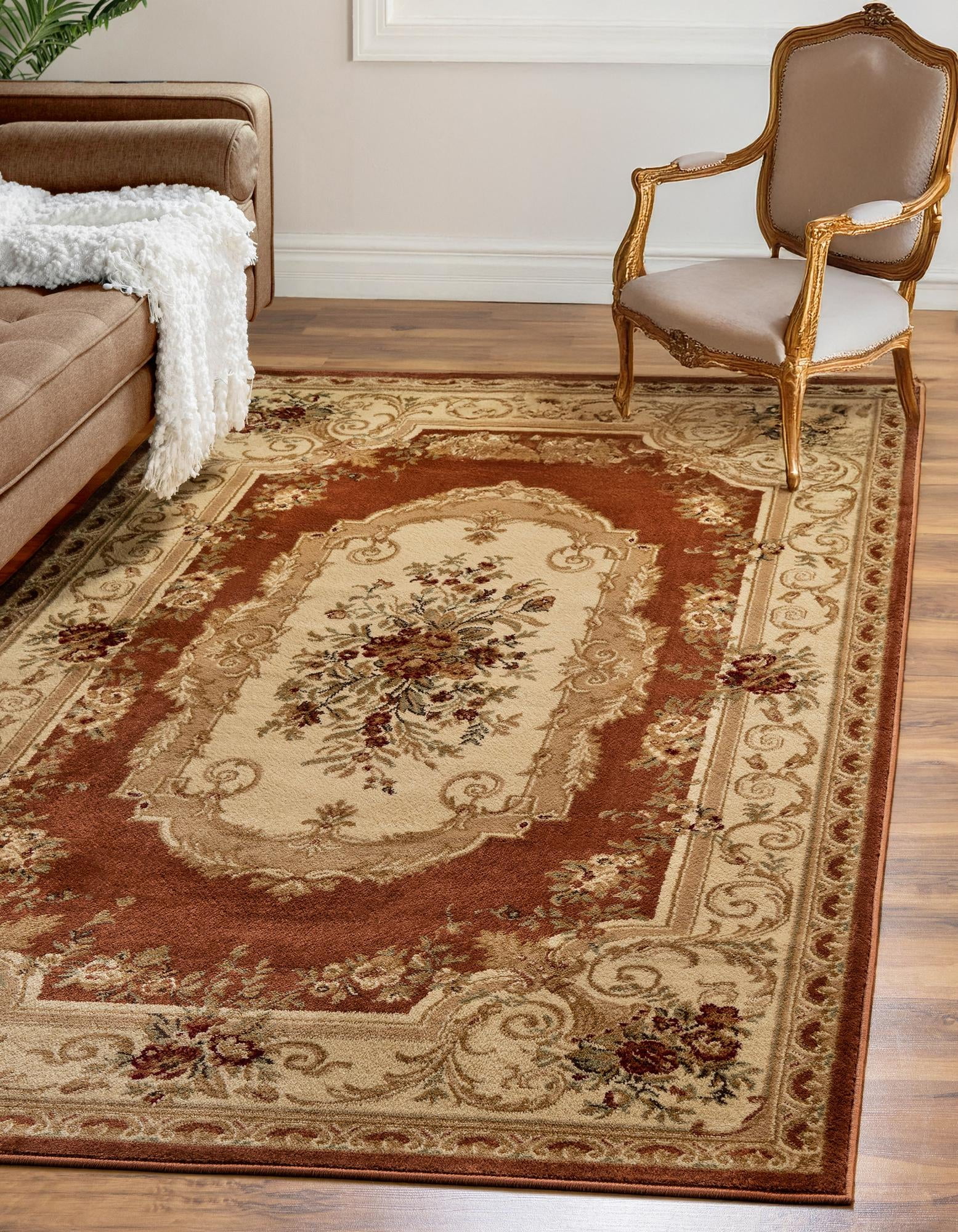 Brick Red and Ivory Floral Synthetic 4' x 6' Area Rug