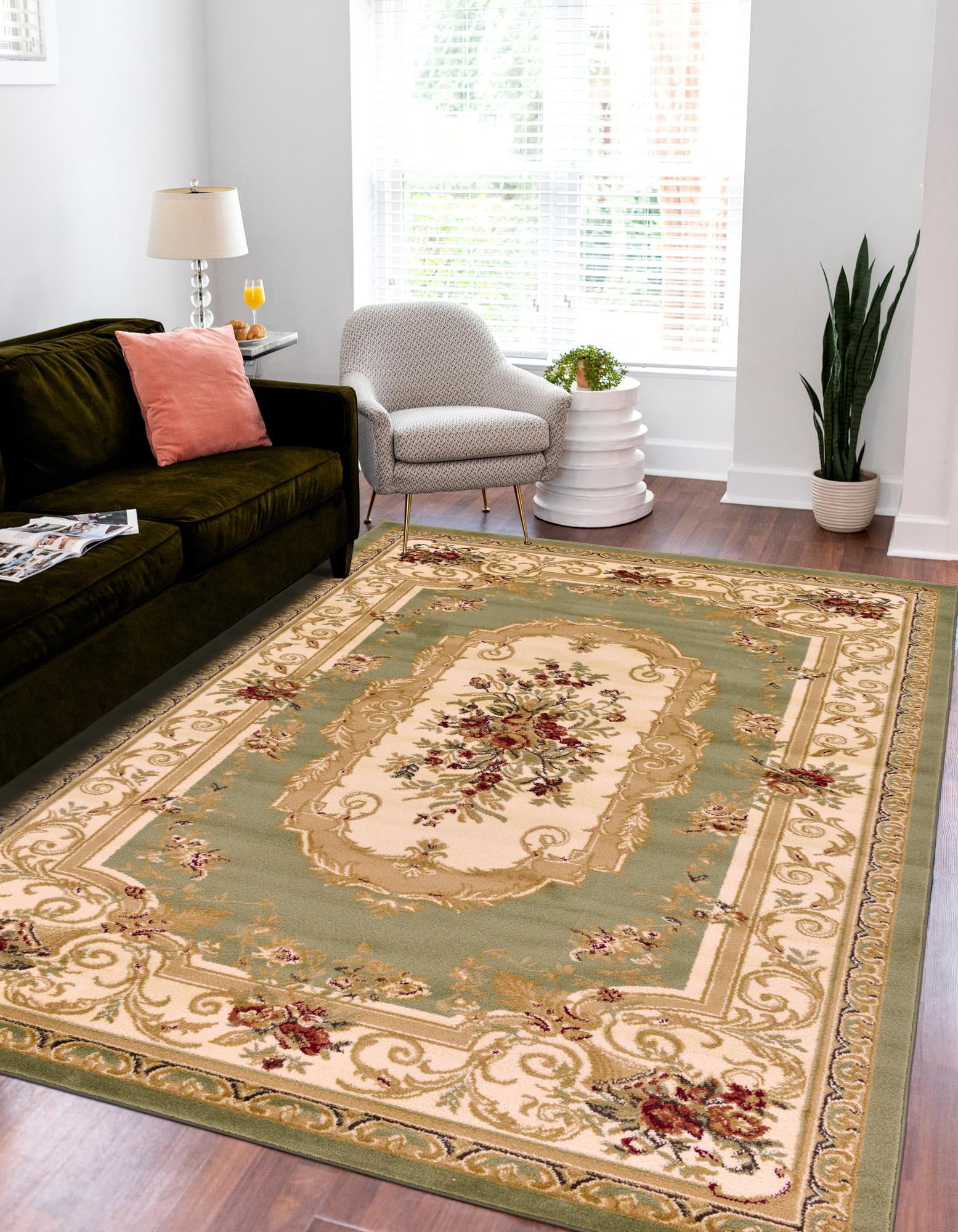Versailles Green and Ivory Floral Rectangular Area Rug
