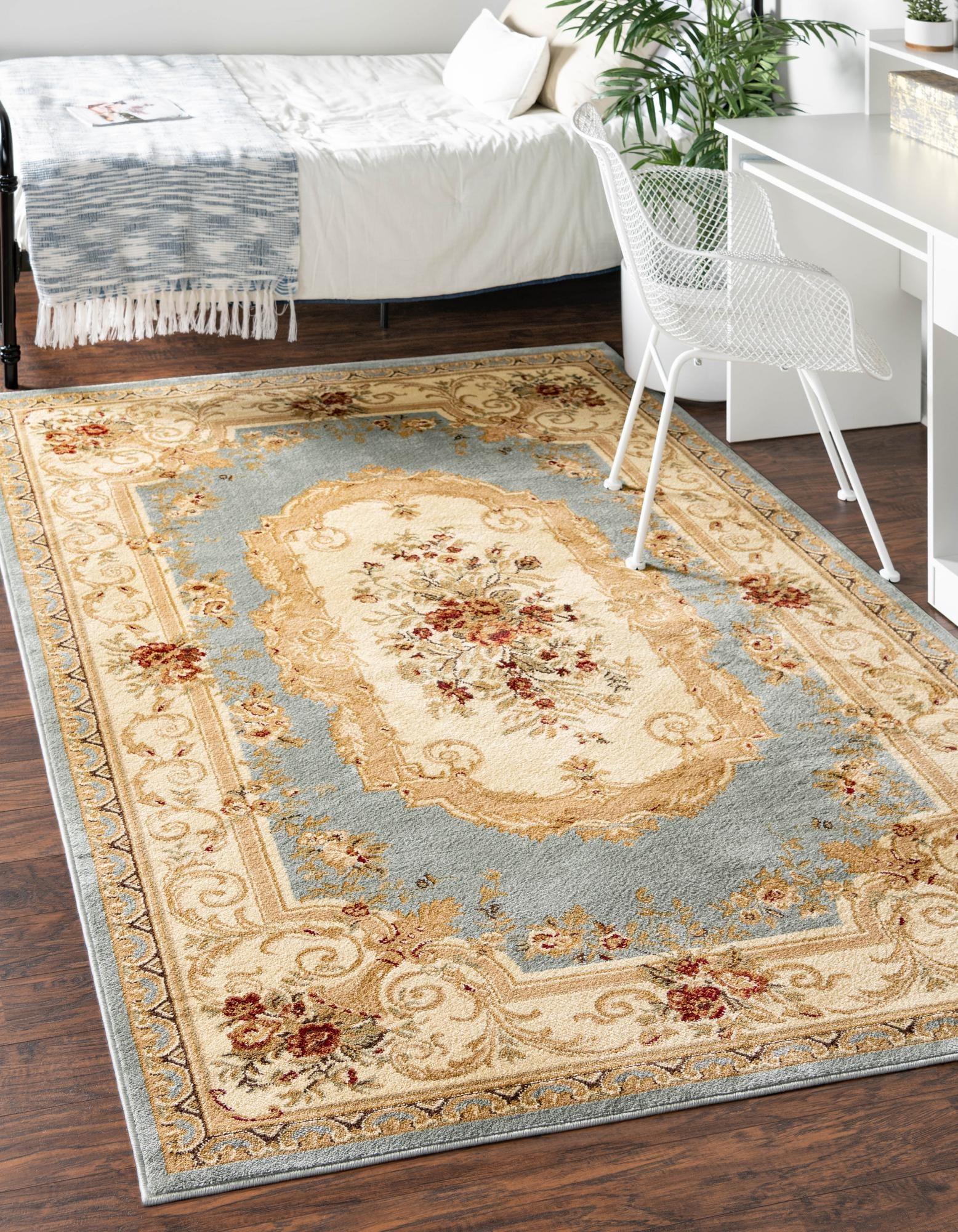 Light Blue and Cream Medallion Synthetic Rectangular Area Rug