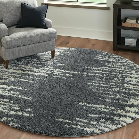 Unique Loom Serenity Shag Collection Area Rug - Vigie (5' 3" Round Gray/Ivory)