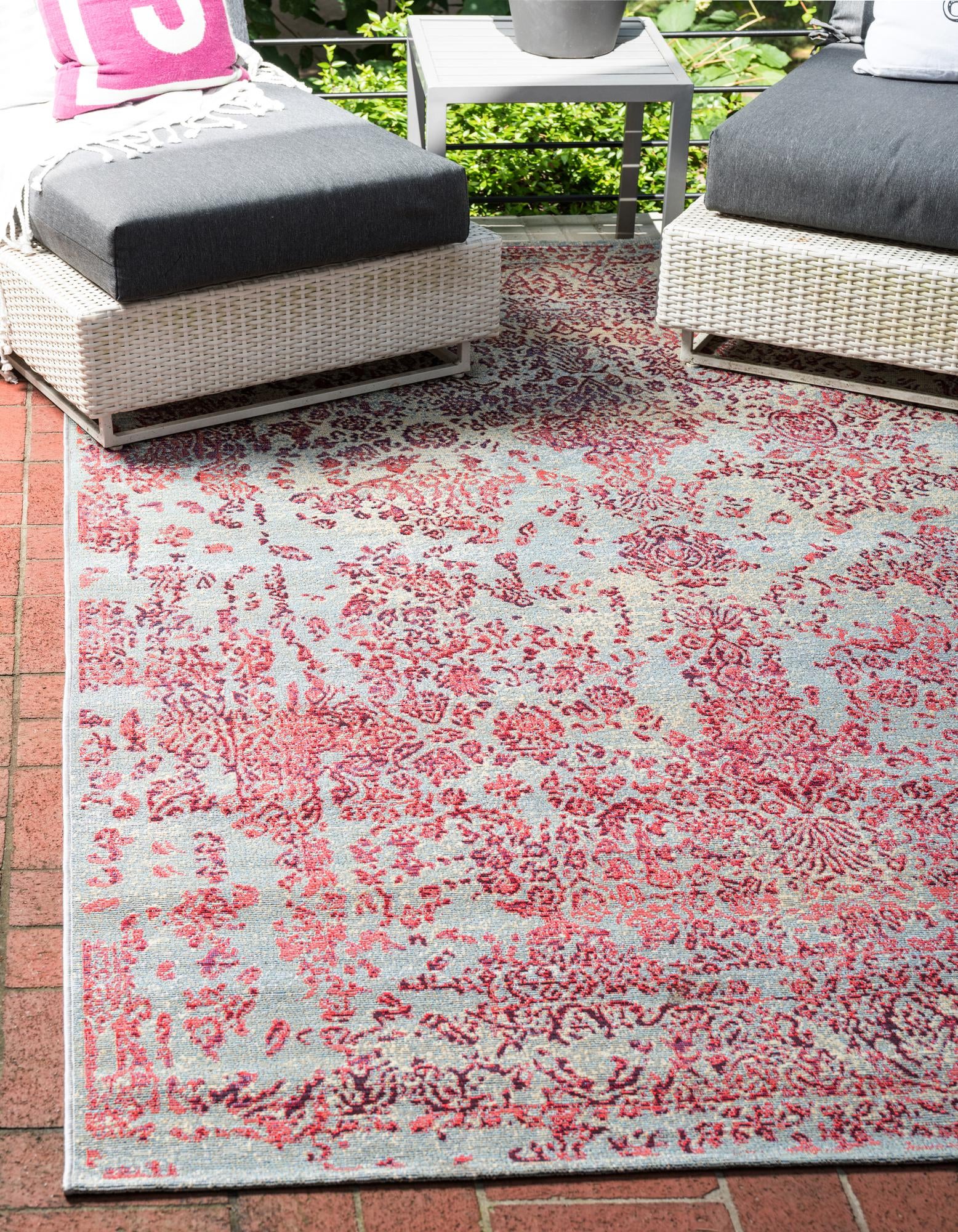 Light Blue and Red Abstract Outdoor Flatweave Rug