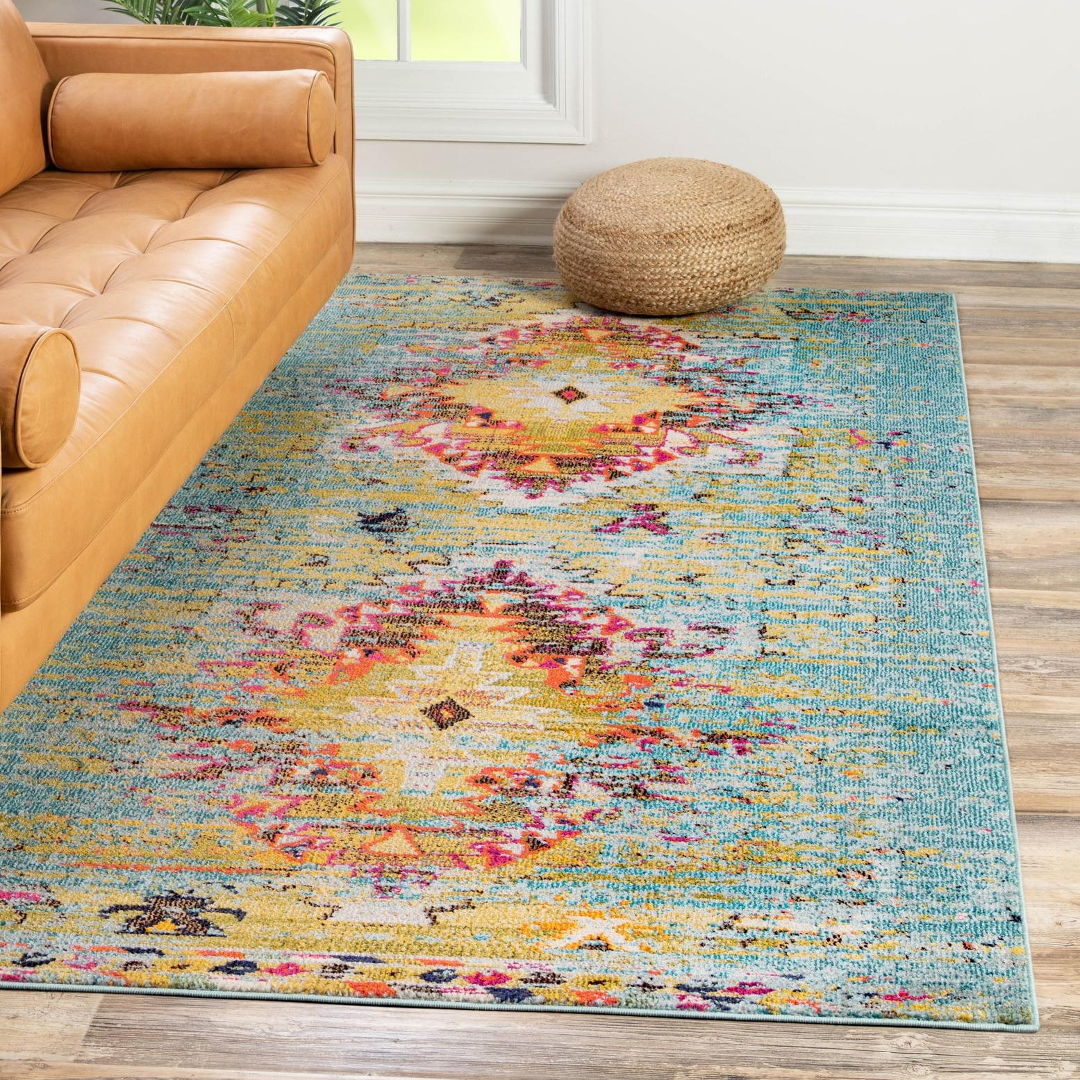 Turquoise and Yellow Abstract Synthetic Stain-Resistant Rug
