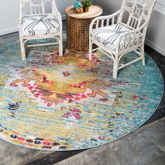 Unique Loom Vita Collection Area Rug - Chagall (6' 1" Round Turquoise/Cream)