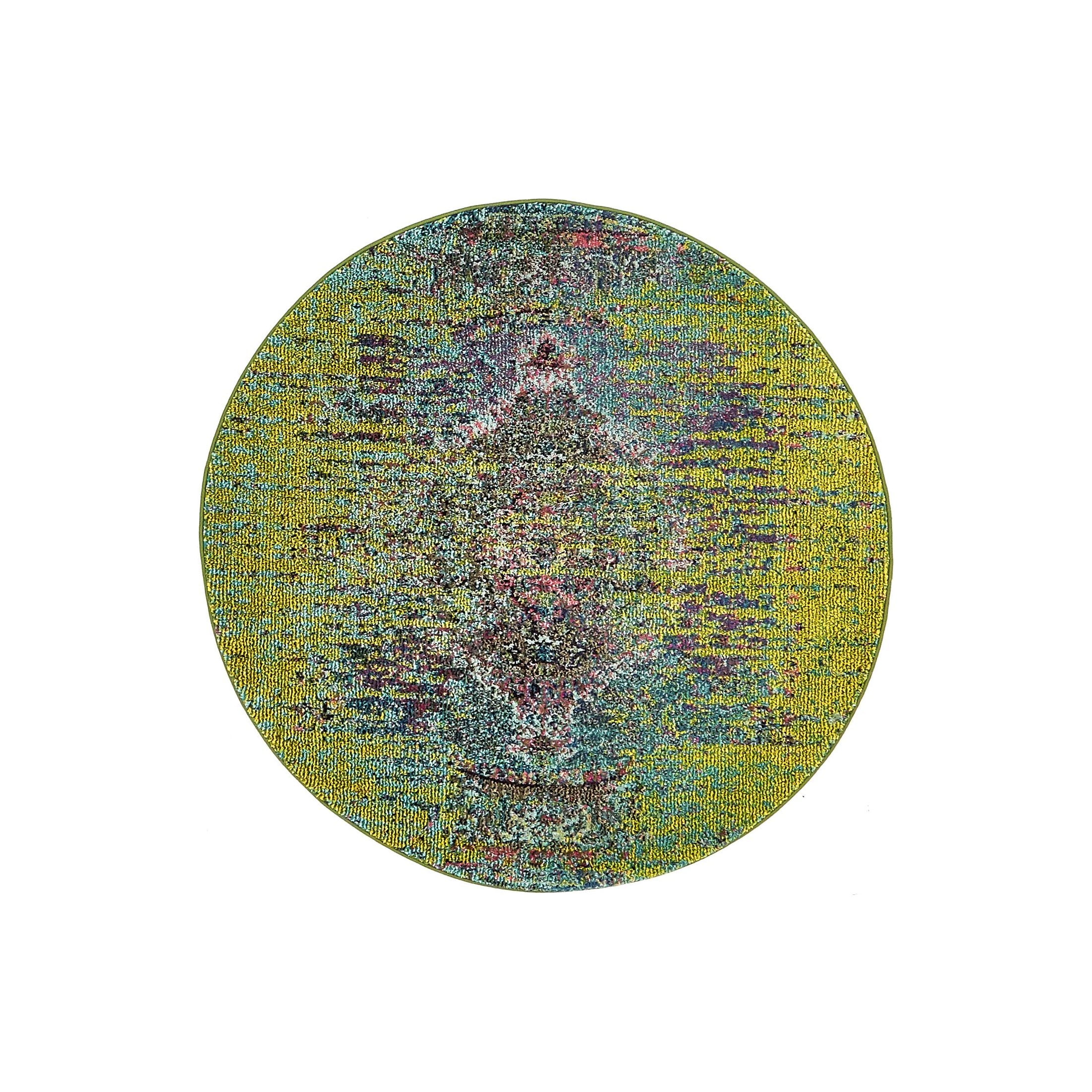 Vibrant Round 4' Synthetic Easy-Care Yellow & Green Rug