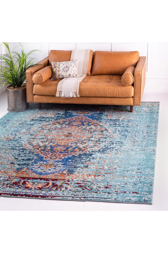Vita Collection Area Rug - Warhol (6' 1" Square Turquoise/Beige)