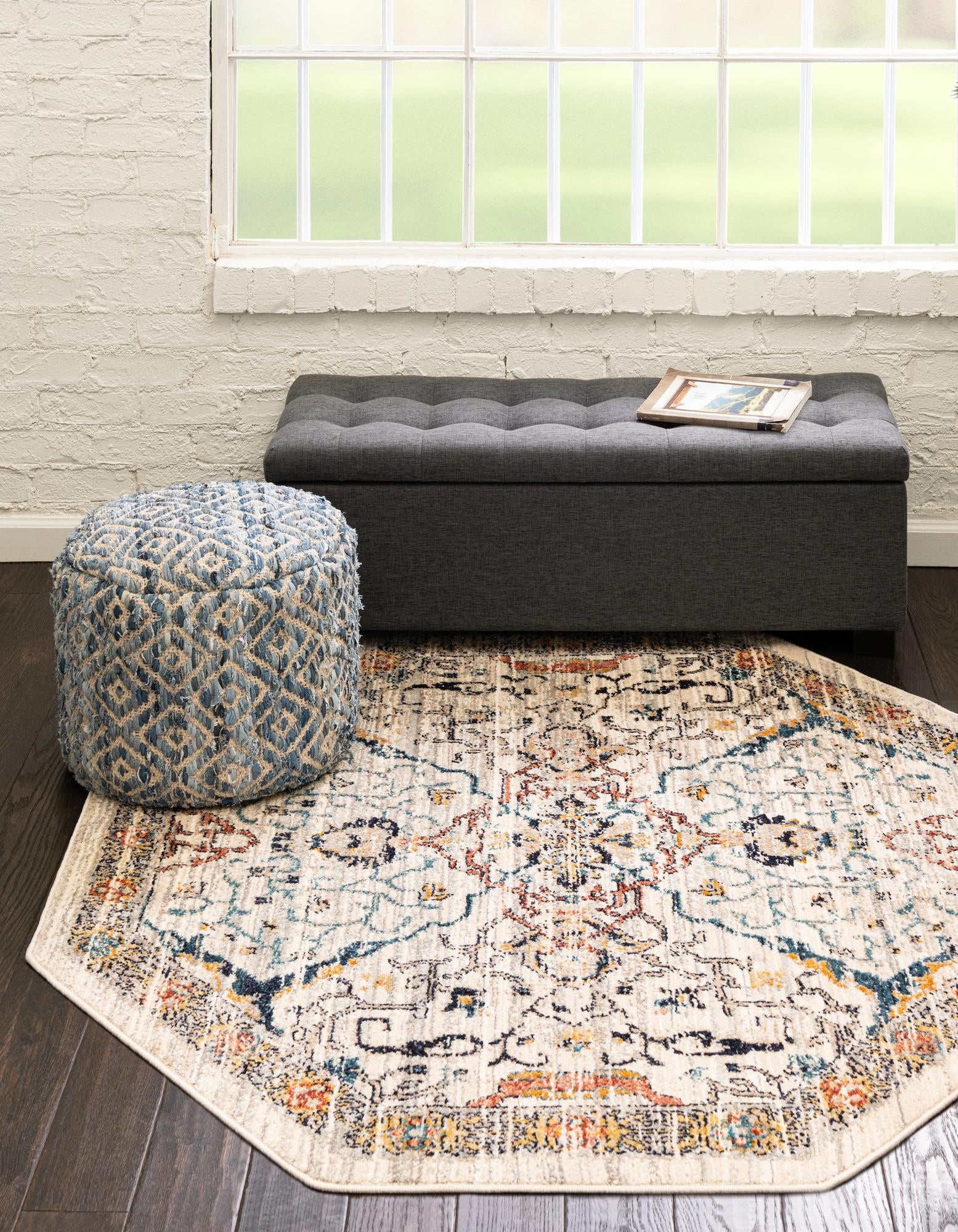 Ivory and Blue Octagon Synthetic Area Rug, 5' x 5'