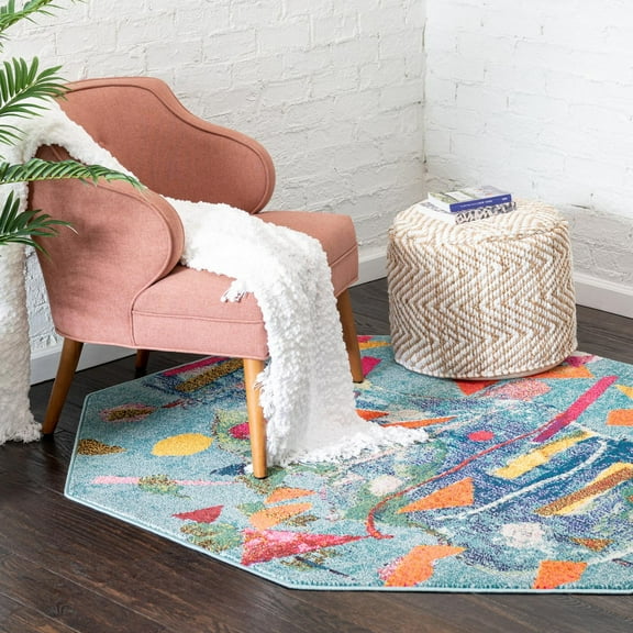 Unique Loom Vivid Collection Area Rug - Lucknow (5' 3" Octagon Aqua/Blue)