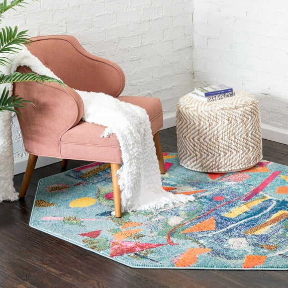 Unique Loom Vivid Collection Area Rug - Lucknow (5' 3" Octagon Aqua/Blue)