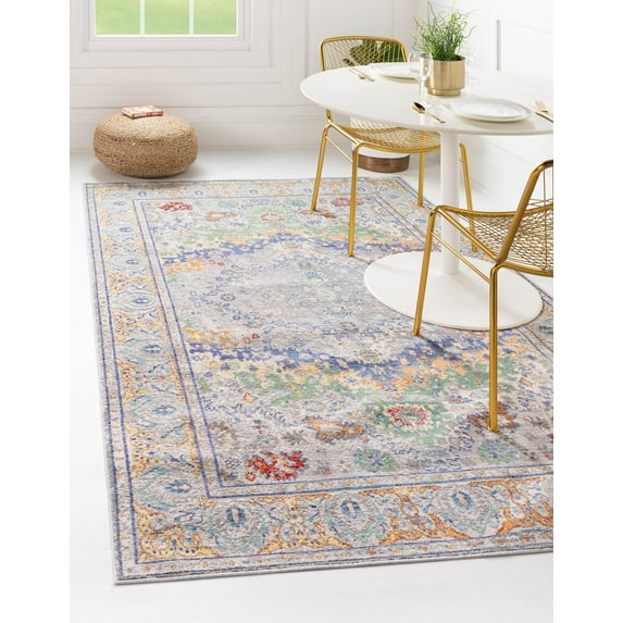 Unique Loom Voce Austin Rug Light Gray/Blue 6' 1" x 9' Rectangle Border Vintage Perfect For Living Room Bed Room Dining Room Office