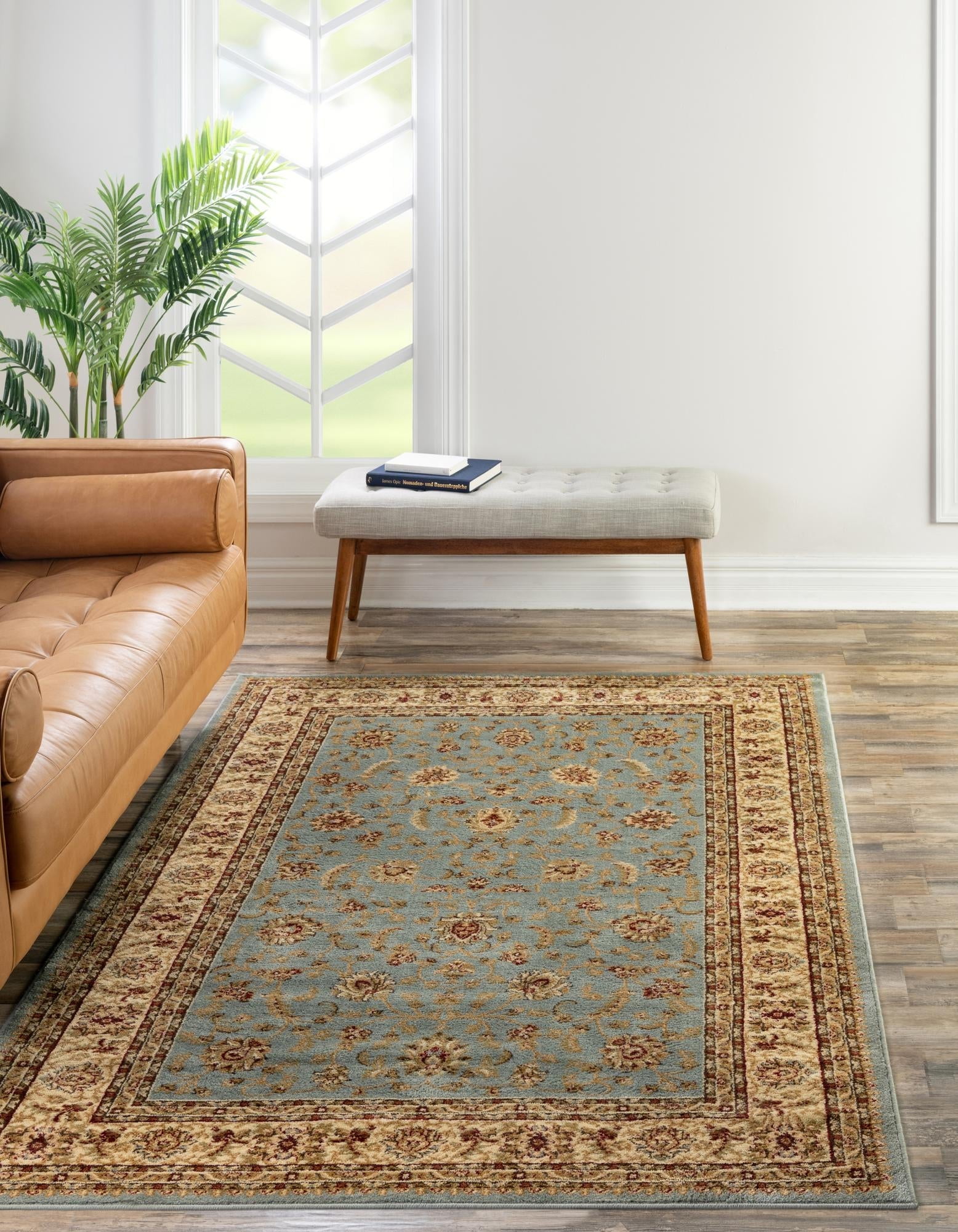 Light Blue and Cream Synthetic 9' x 12' Traditional Area Rug