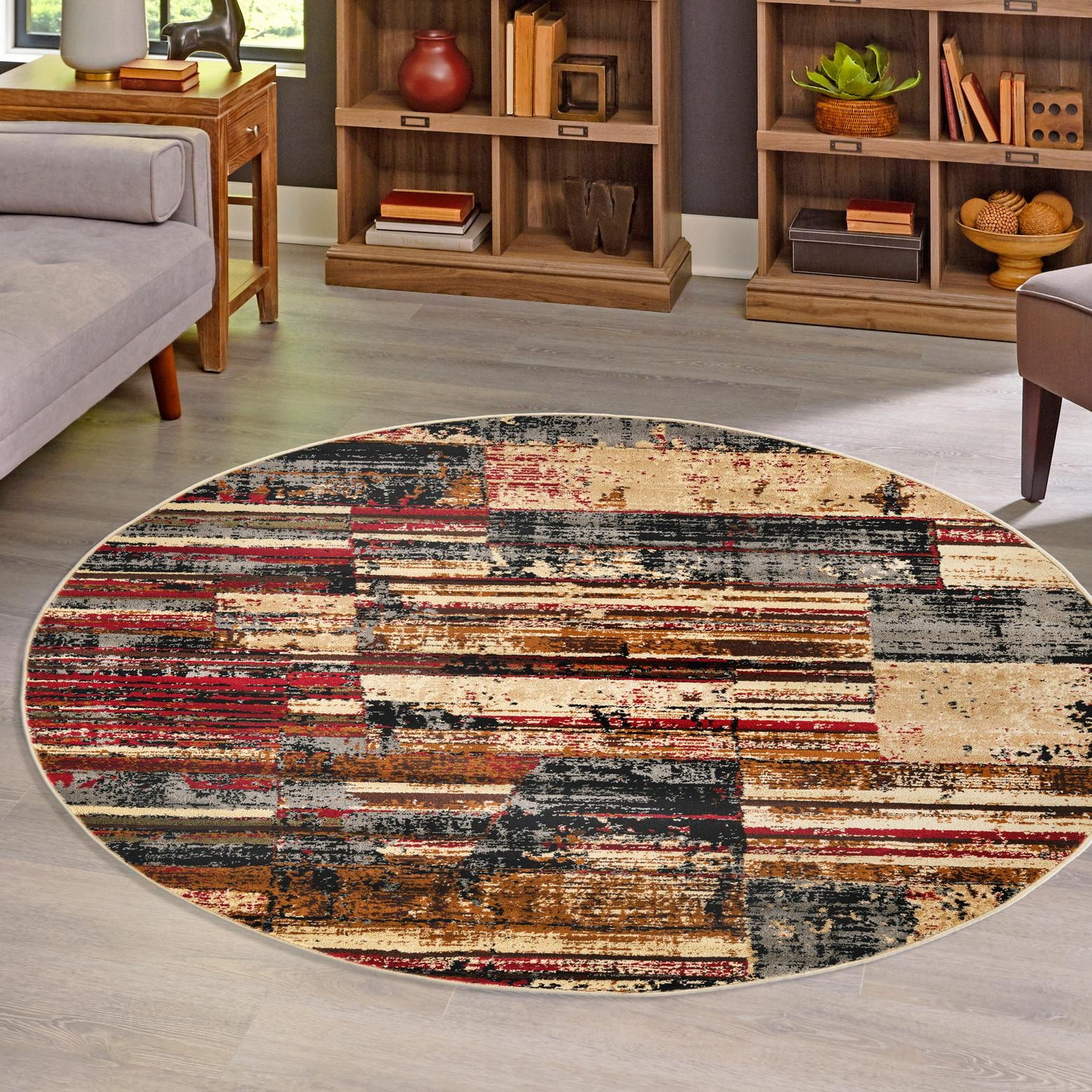 Saturn Collection Round Multicolor Geometric Synthetic Rug