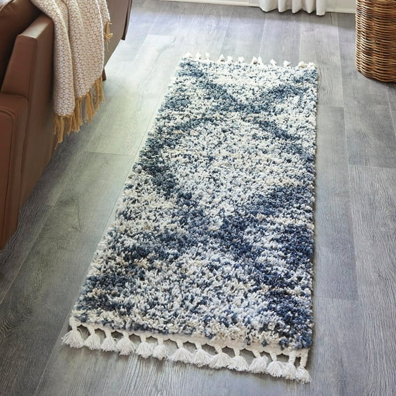 Unique Loom Serenity Shag Collection Area Rug - Walcott (2' x 8' Runner Blue/Ivory)