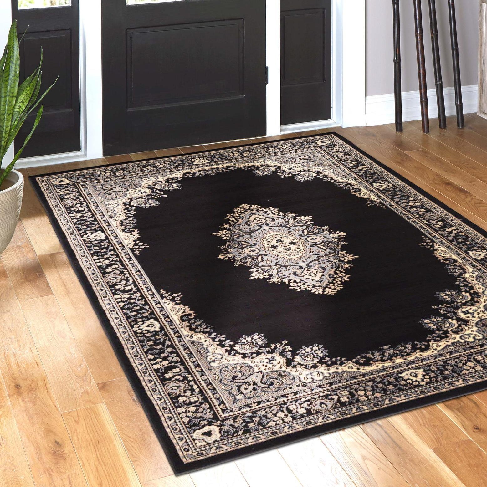 Black and Beige Rectangular Medallion Synthetic Rug