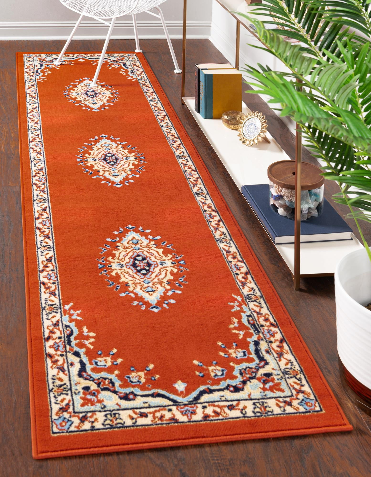 Terracotta and Cream Medallion Synthetic Runner Rug 3' x 16' 5"