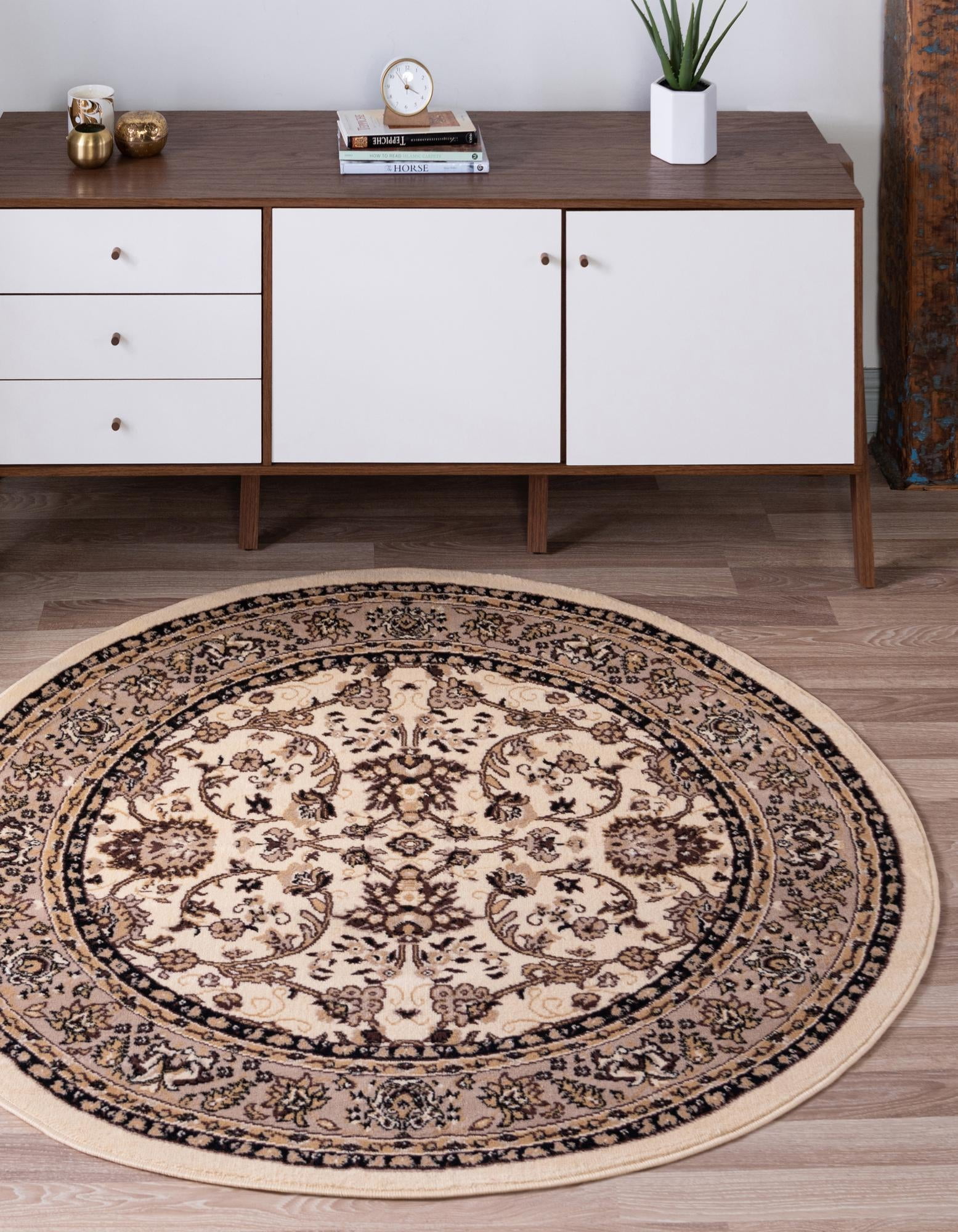 Ivory and Black Round Synthetic Stain-Resistant Area Rug