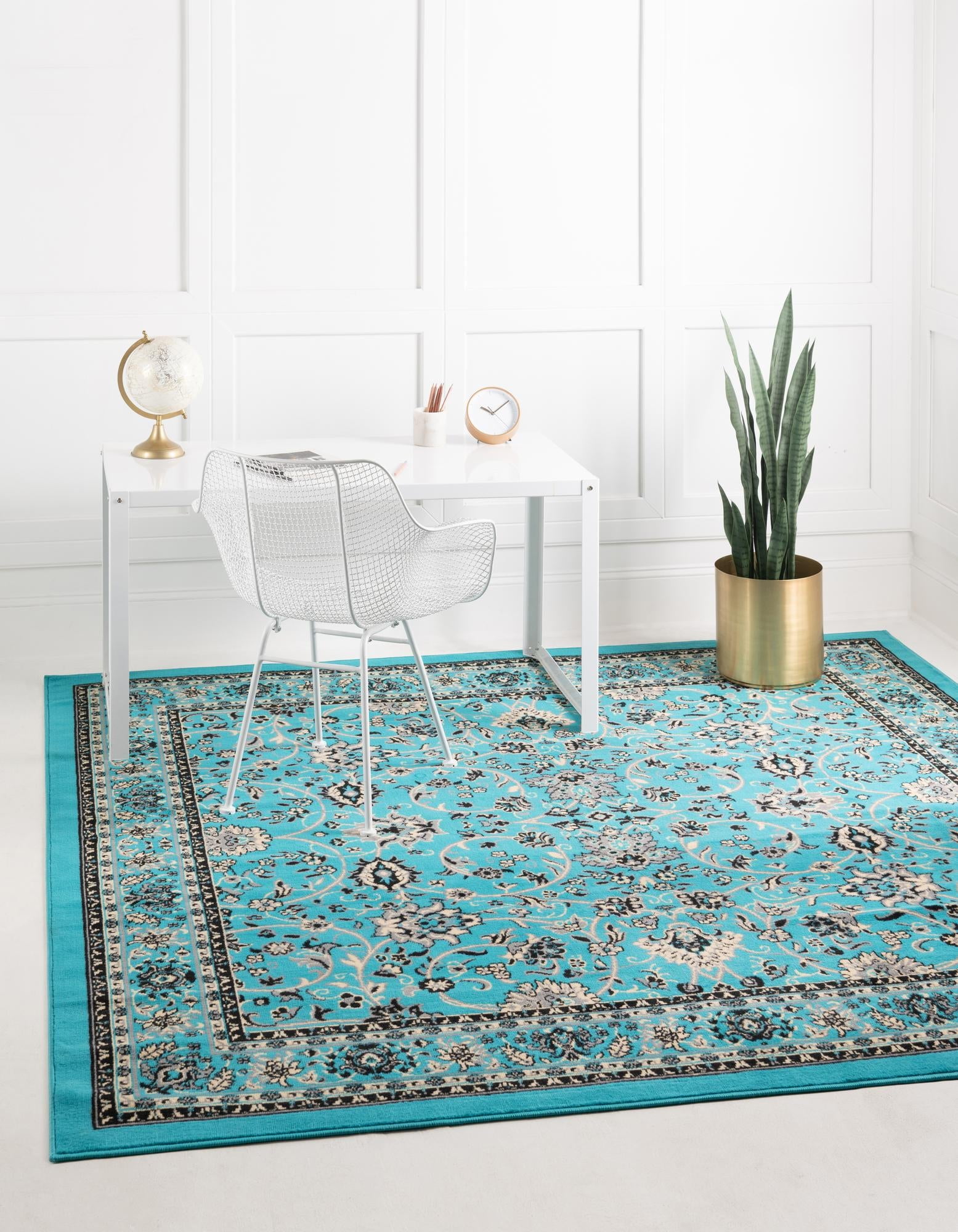 8' Square Turquoise and Ivory Synthetic Indoor Rug