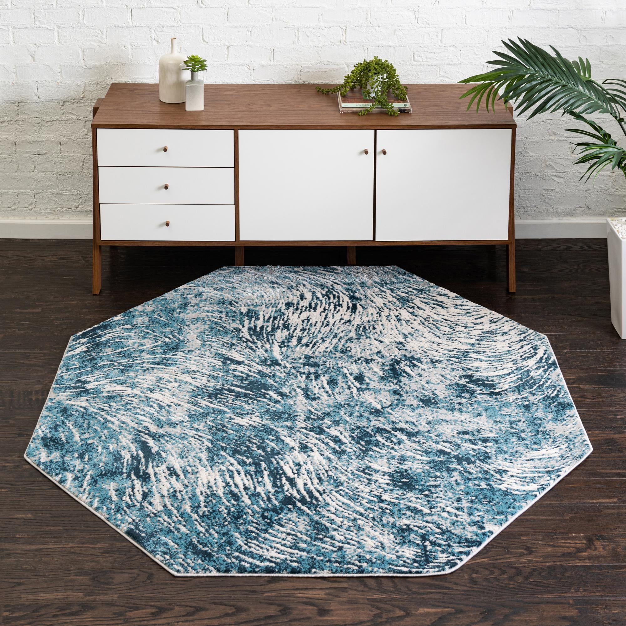 Oasis 6 ft Octagon Blue Abstract Synthetic Area Rug