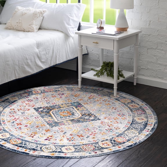 Unique Loom Budapest Collection Area Rug - Wekerle (5' 1" Round Light Gray/Blue)