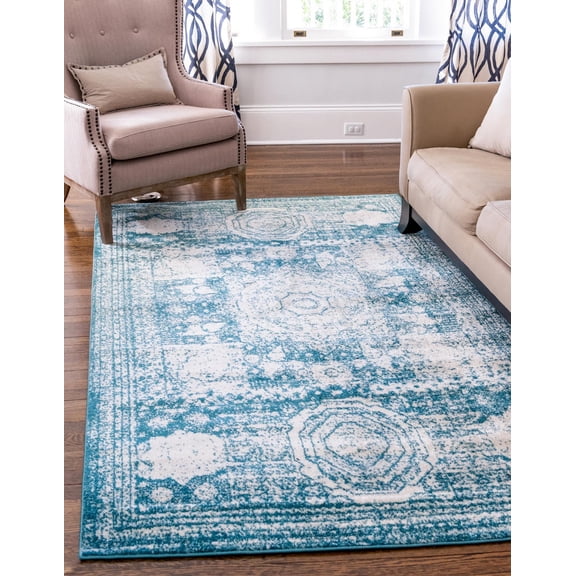 Unique Loom Wells Bromley Rug Turquoise/Ivory 2' x 3' 1" Rectangle Border Shabby-Chic Perfect For Living Room Bed Room Dining Room Office