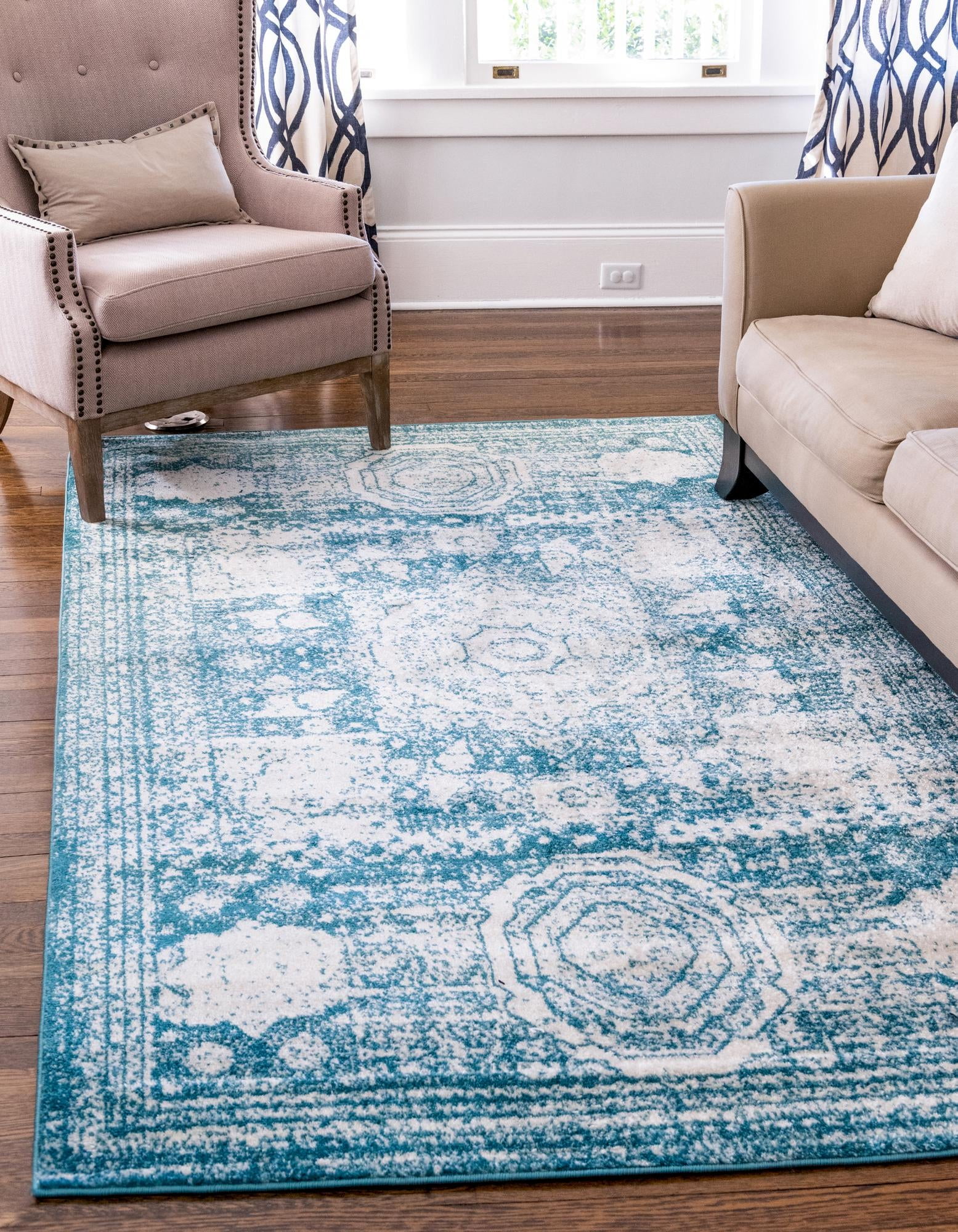 Turquoise and Ivory Geometric Easy Care Synthetic Rug, 8' x 11'