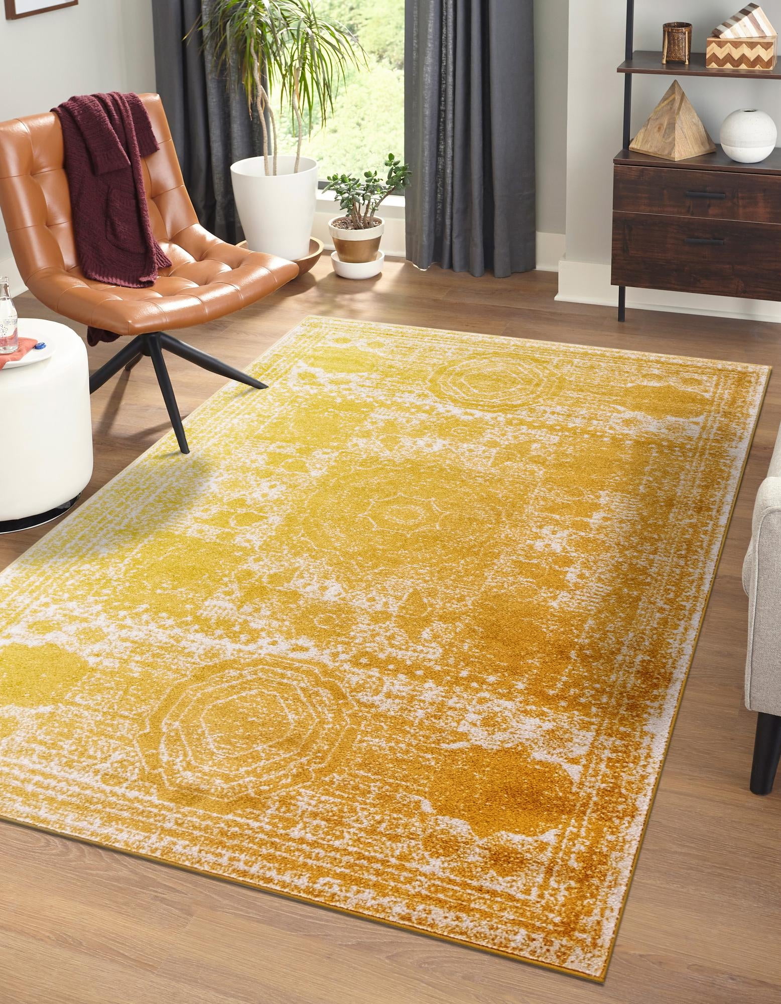 Handmade Rectangular Yellow Synthetic Easy Care Rug, 6' x 9'
